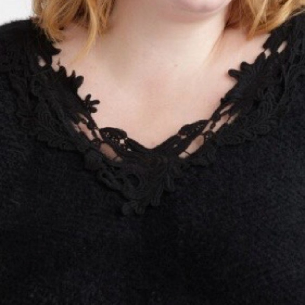 WAREHOUSE ONE Sweater Black Lovely Crochet VNeck Eyelash Knit LS NWT Size L